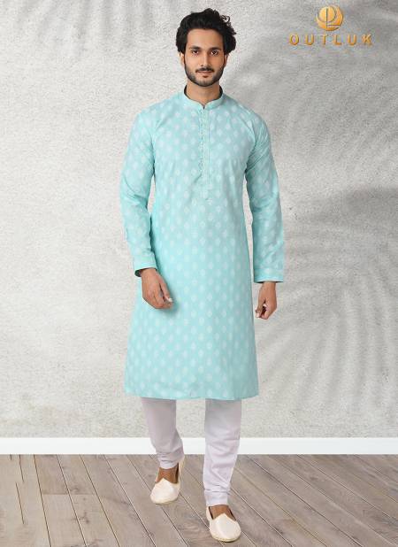 Sky Blue Colour Outluk Vol 43 New Exclusive Wear Pure Cotton With Digital Print Kurta Pajama Mens Collection 43001